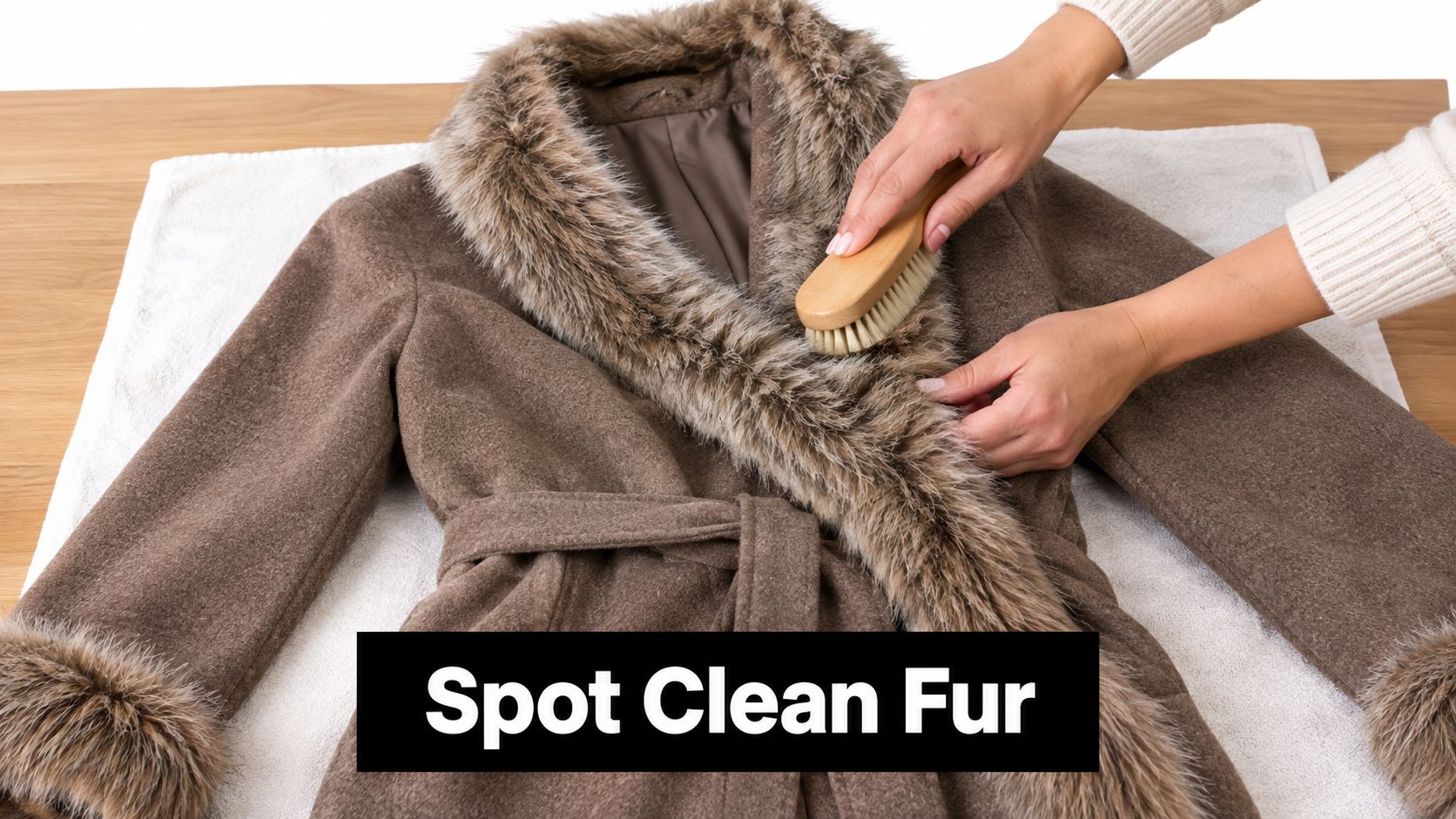 A pair of hands using a soft wooden brush to gently spot clean the fur collar of a coat.