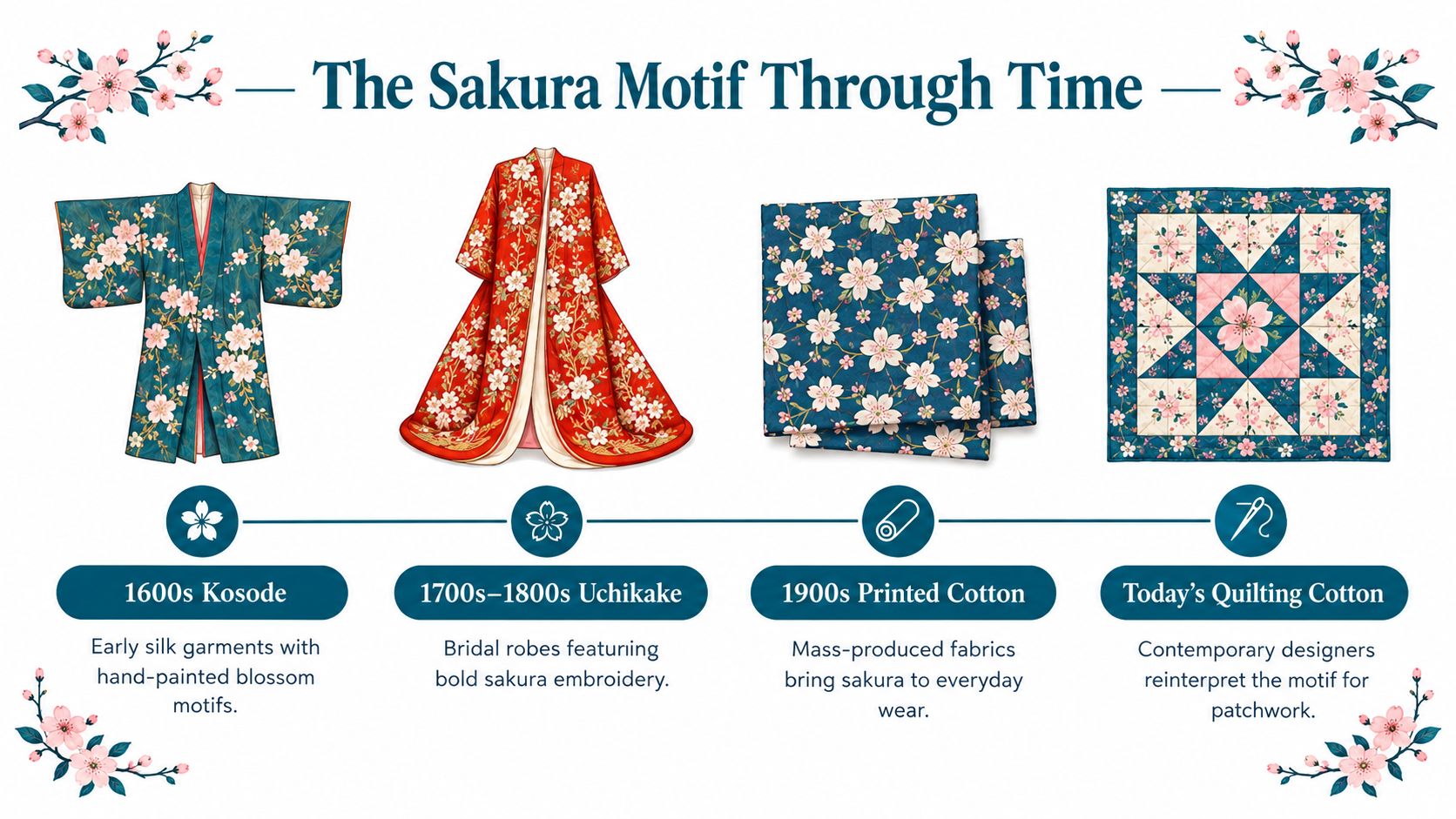 A historical timeline infographic illustrating the evolution of the sakura cherry blossom motif in fabric design.
