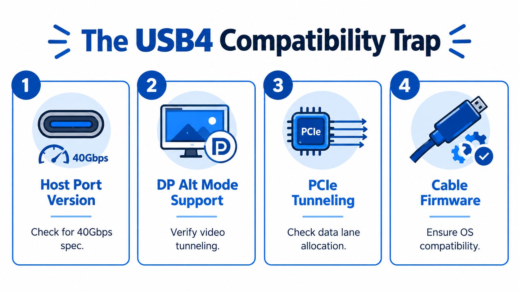 A diagram illustrating the four key considerations for ensuring USB4 compatibility in technical hardware configurations.