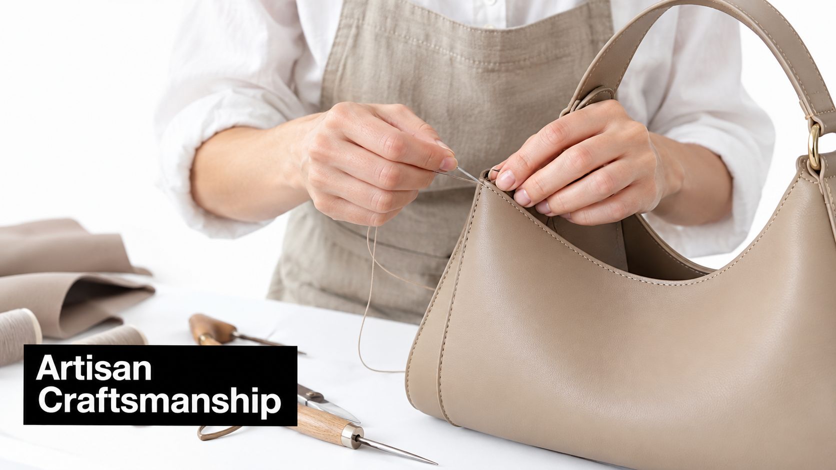 A skilled artisan hand-stitching a beige luxury leather handbag in a clean, bright studio workspace.