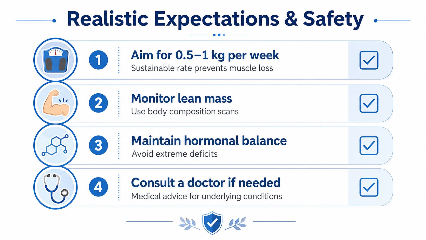 An infographic titled Realistic Expectations & Safety outlining four healthy tips for sustainable and safe weight loss.