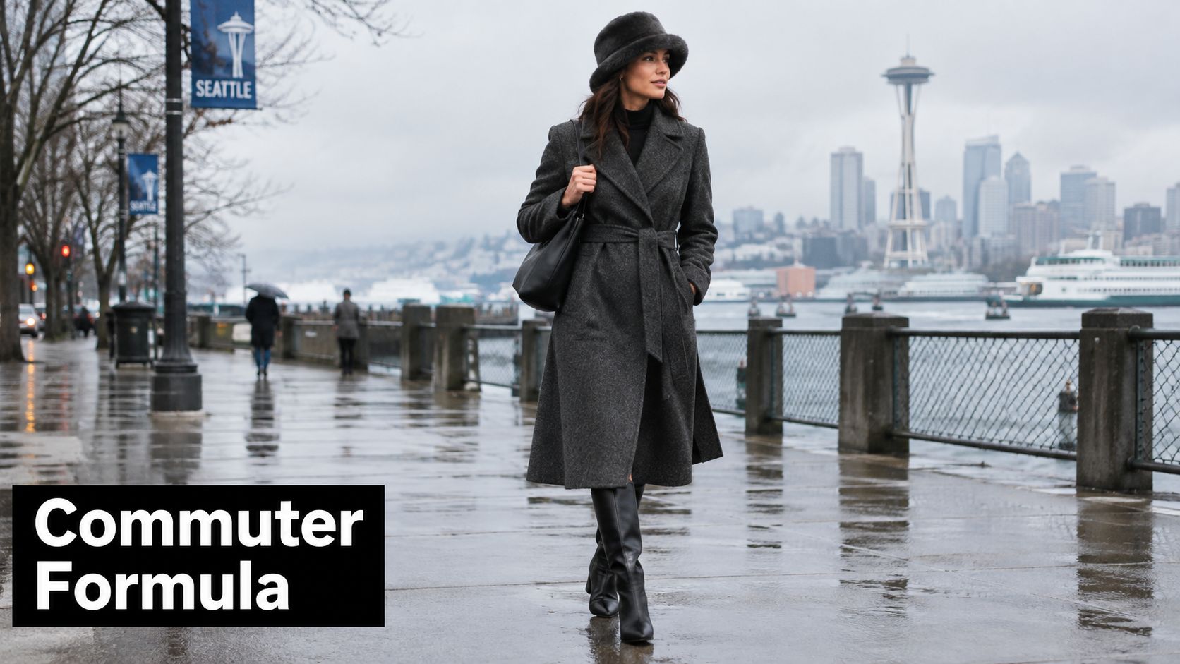 A stylish woman wearing a grey coat and a furry hat walking along the Seattle waterfront.