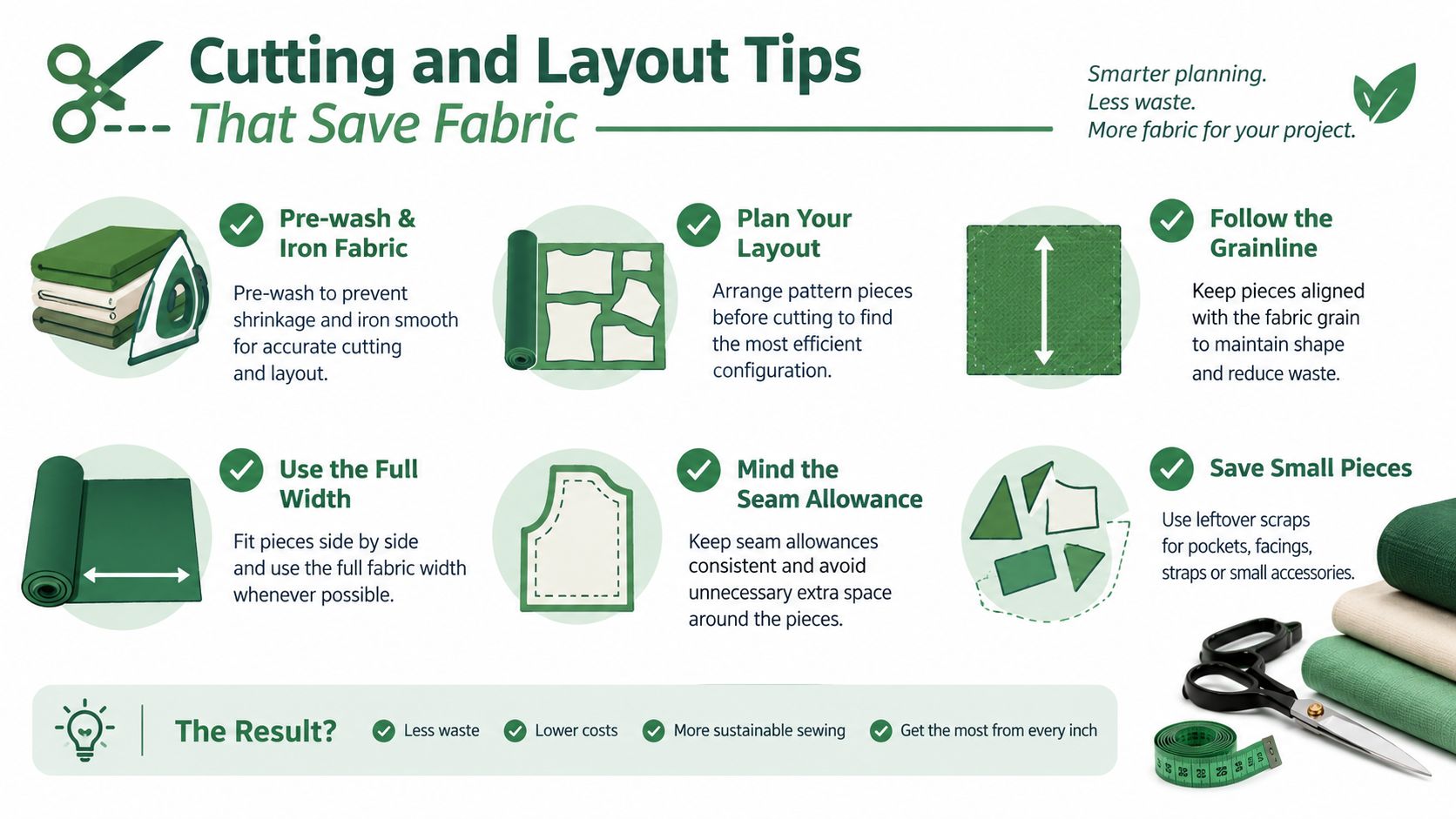 An infographic titled Cutting and Layout Tips that provides instructions for efficient fabric usage when sewing projects.