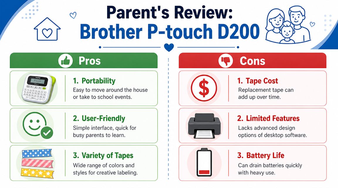 A summary infographic showing the pros and cons of the Brother P-touch D200 label maker for parents.