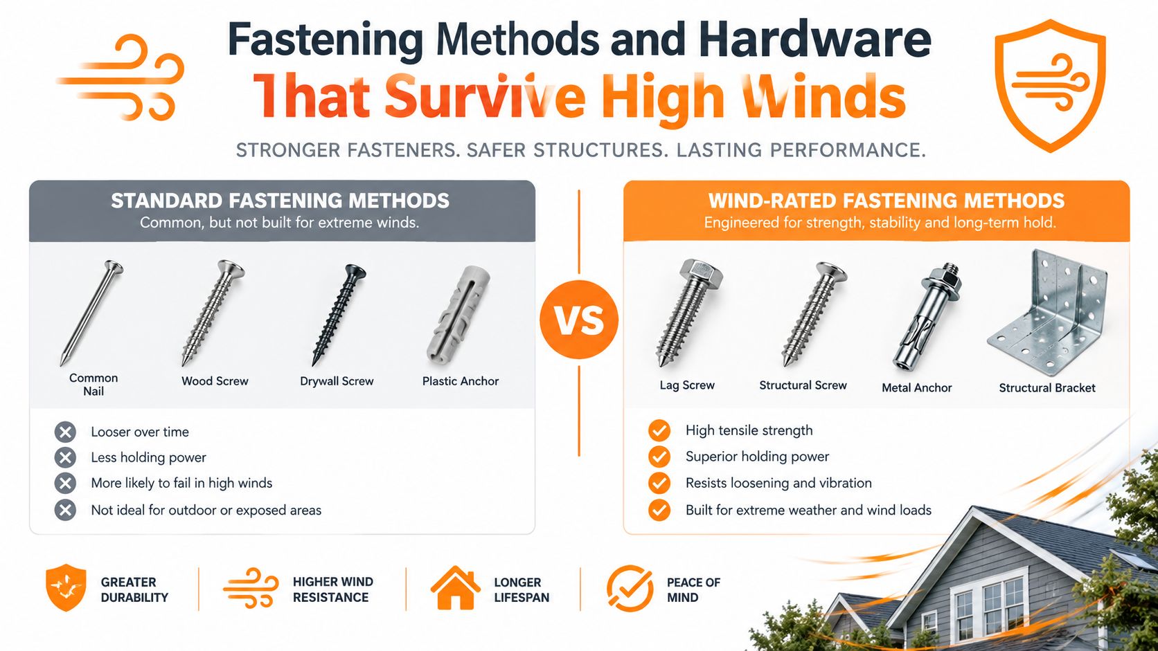 A comparison infographic showing standard fasteners versus wind-rated hardware for building stronger, safer structures in high winds.