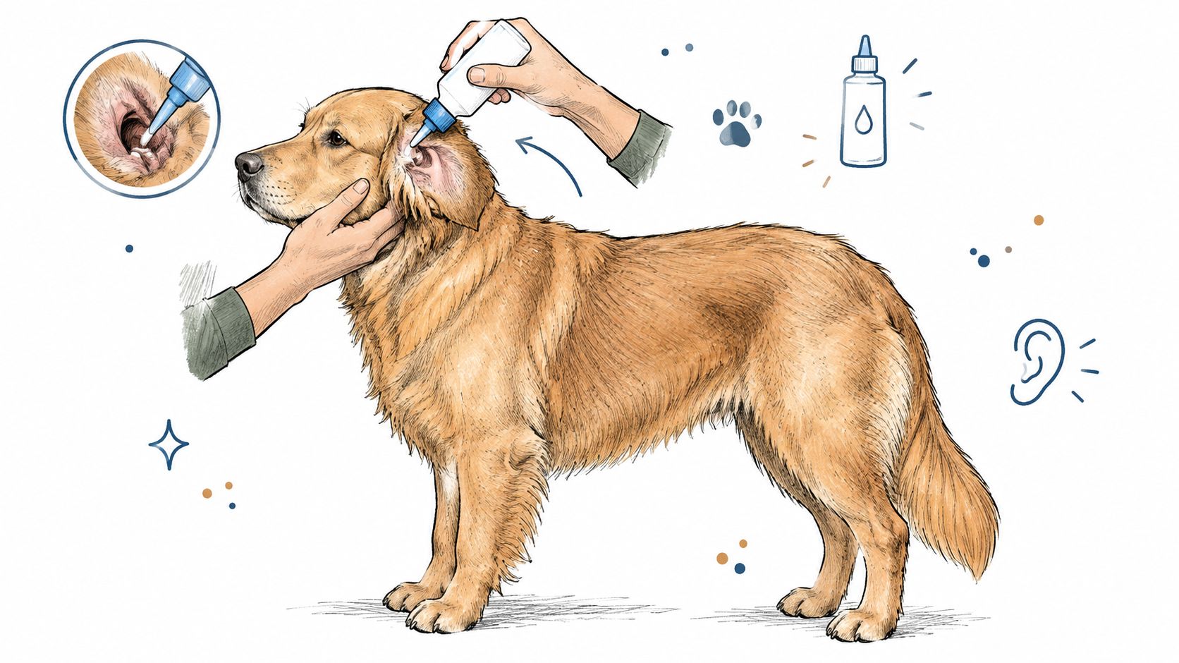 A professional illustration of a human hand applying ear drops to a Golden Retriever dog.