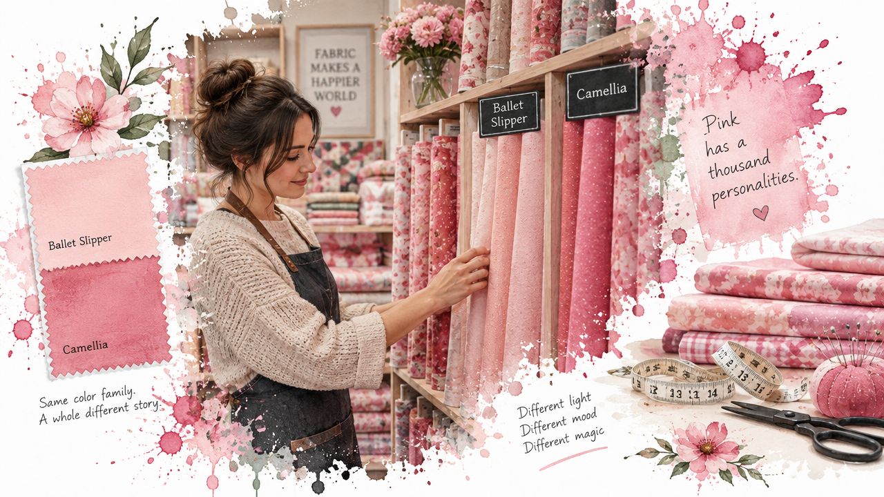 A woman choosing pink cotton fabric from a shelf in a cozy fabric and craft store.