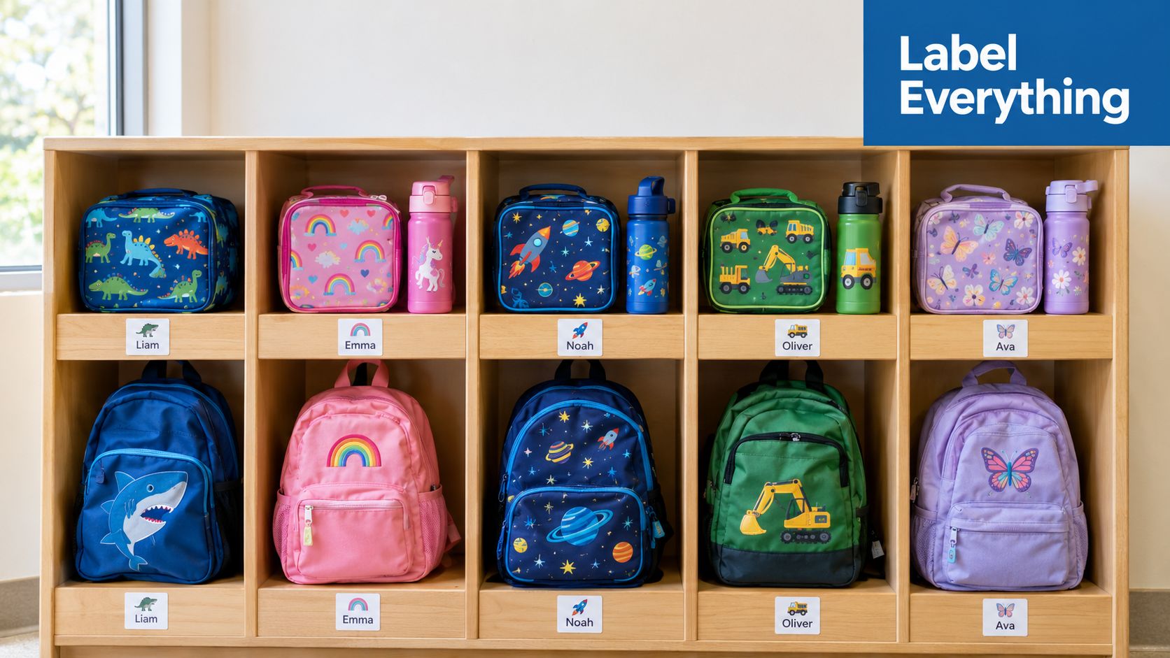 A wooden shelf with cubbies containing personalized children's lunch bags, water bottles, and school backpacks with labels.