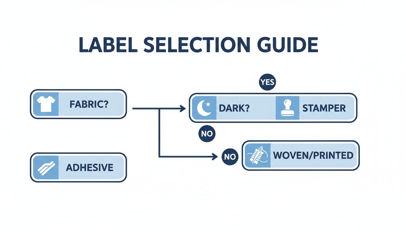 A label selection guide flowchart illustrating choices between fabric, adhesive, dark, stamper, woven, and printed labels.