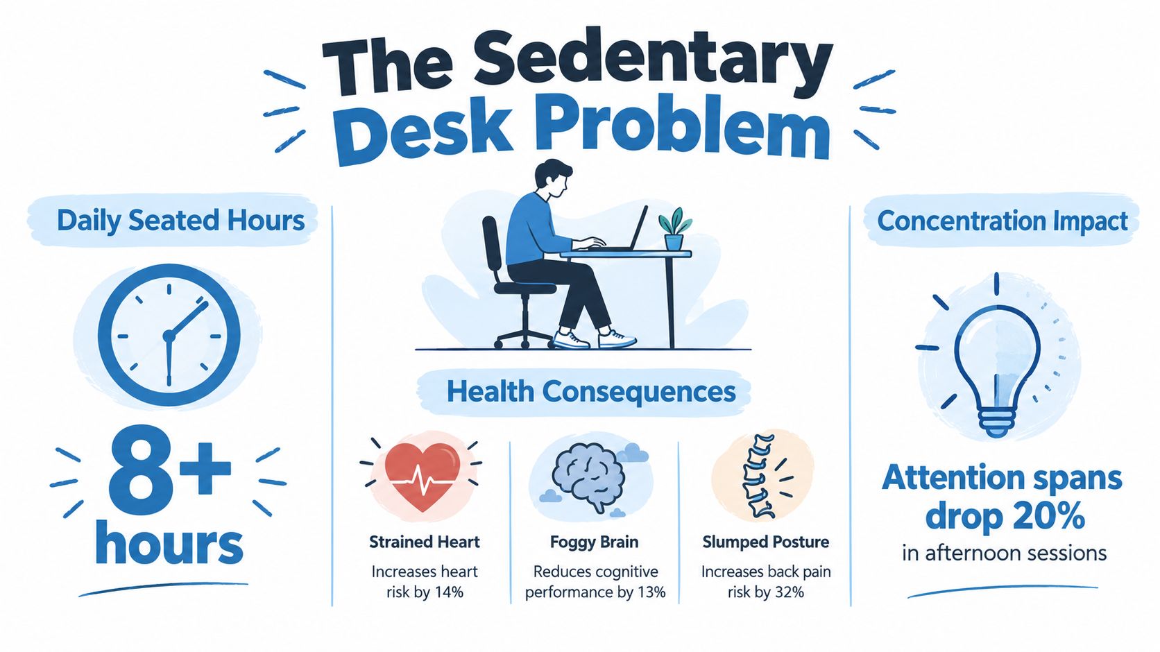 An infographic illustrating the health consequences of sitting for over eight hours at a desk daily.