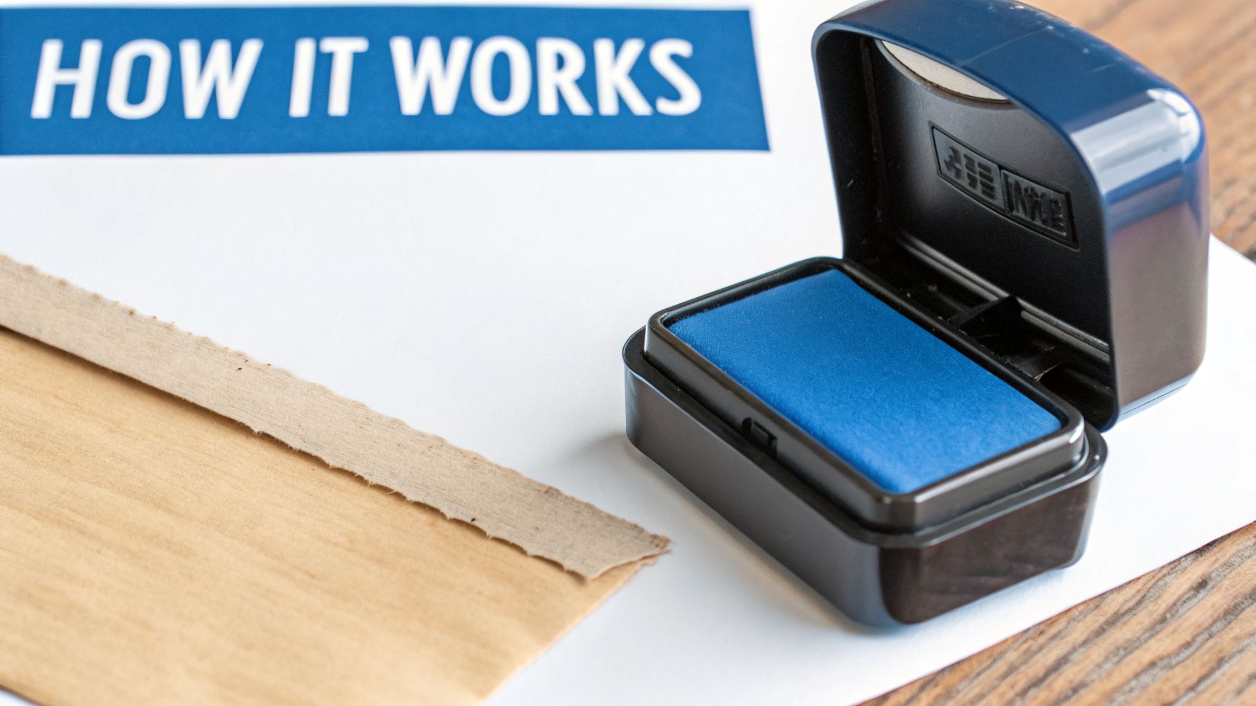 An open blue and black stamp pad with a blue ink pad on a white paper next to a 'HOW IT WORKS' sign.