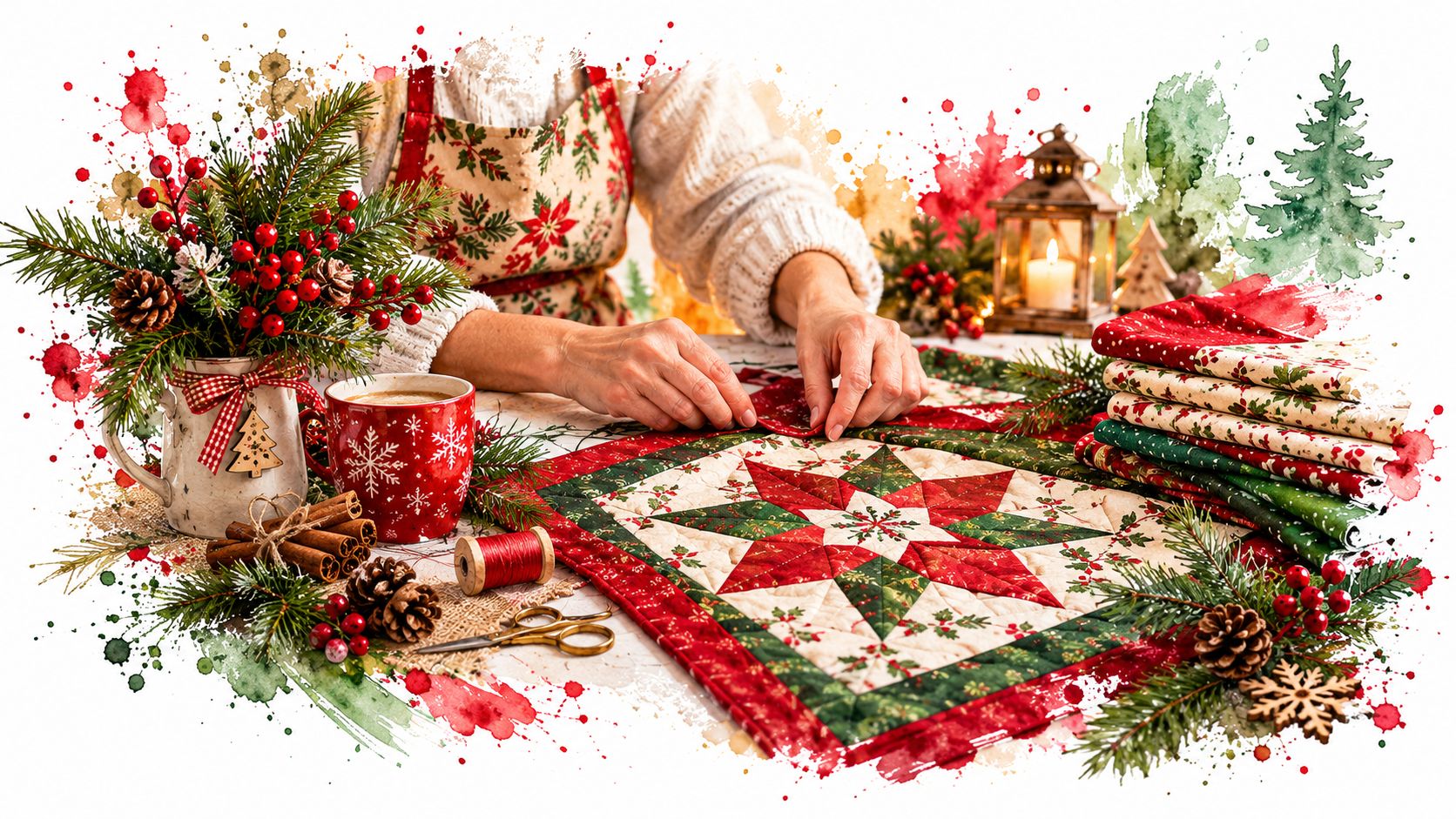 A person crafting a festive quilted Christmas table topper surrounded by holiday decorations, pine branches, and berries.