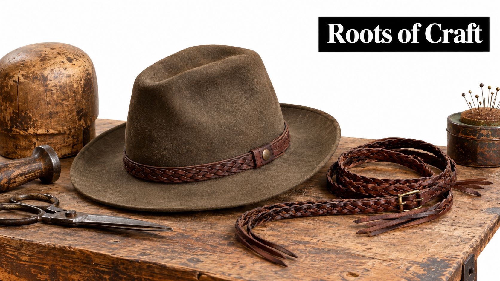A brown felt fedora hat with a leather braided band resting on a rustic wooden workshop table.