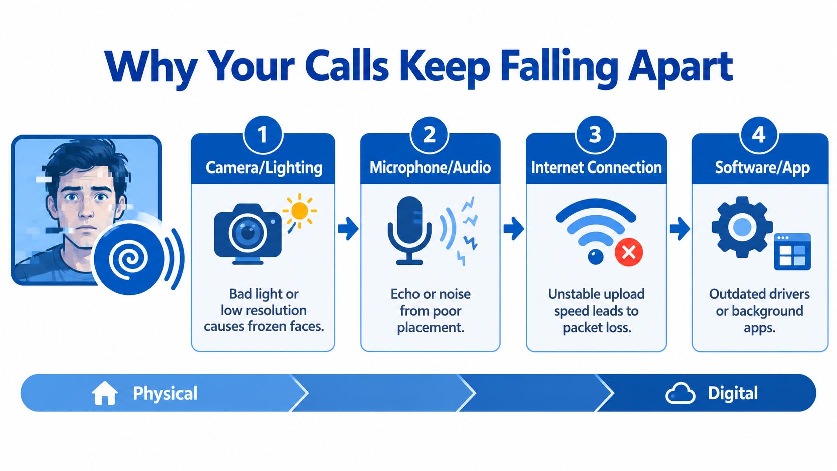 An infographic titled Why Your Calls Keep Falling Apart explaining four common technical issues during video calls.