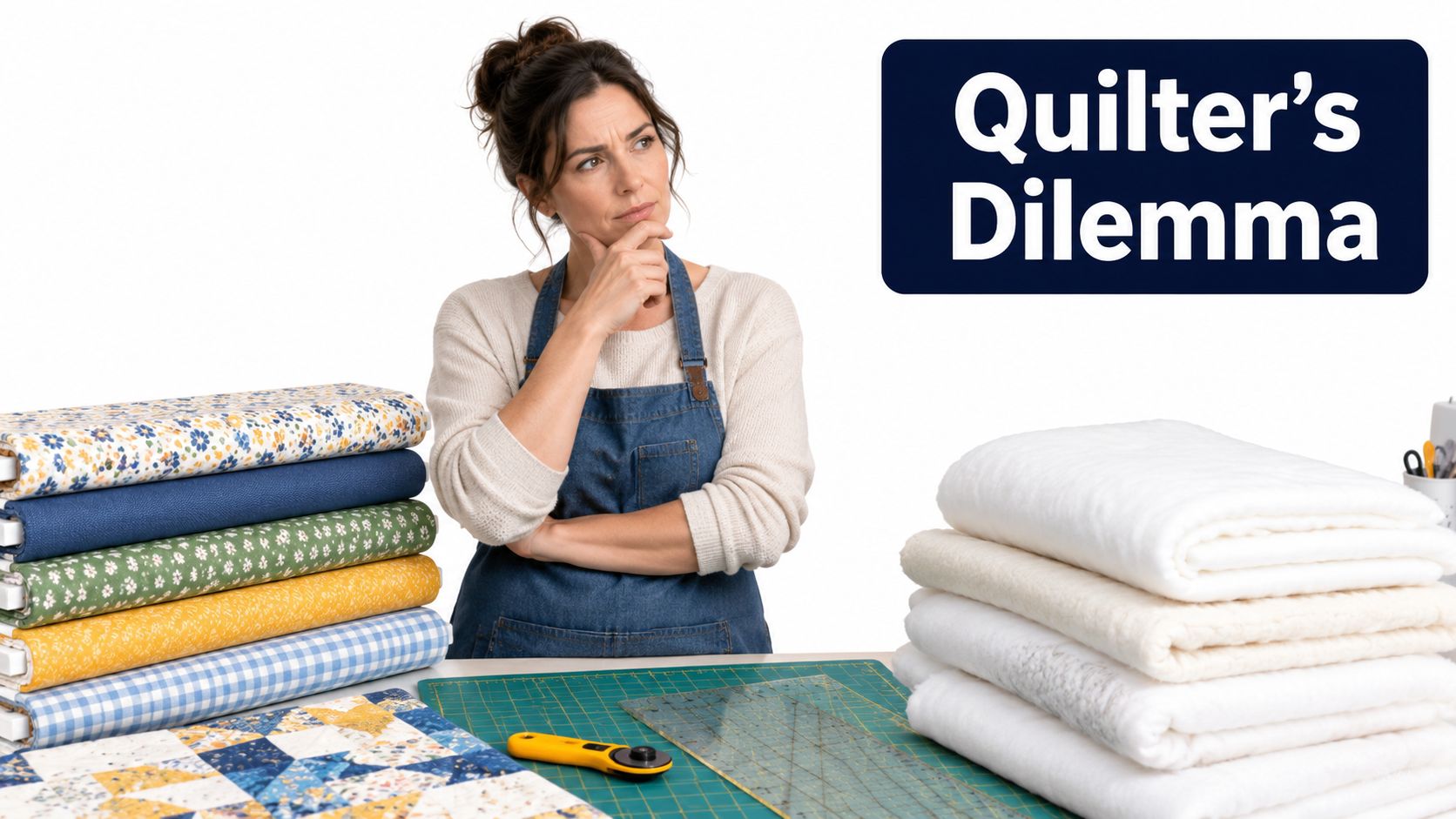 A quilter ponders her project with fabric bolts and batting on a cutting mat in her studio.