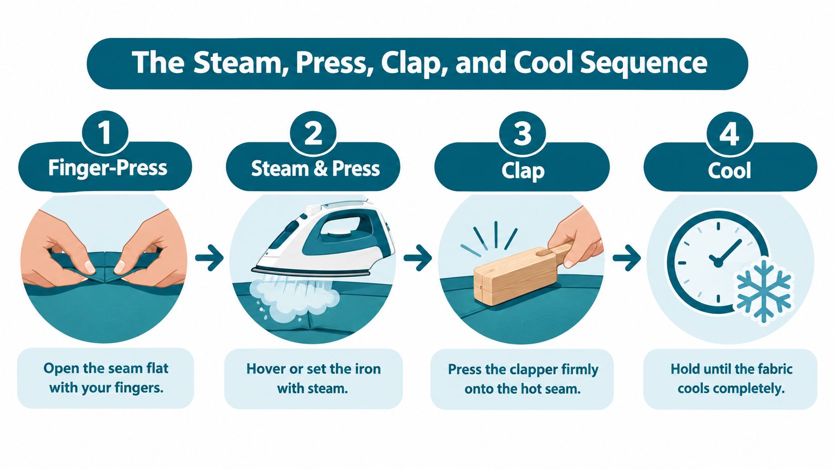 A four-step infographic illustrating the professional sewing technique of using a clapper to press seams flat.