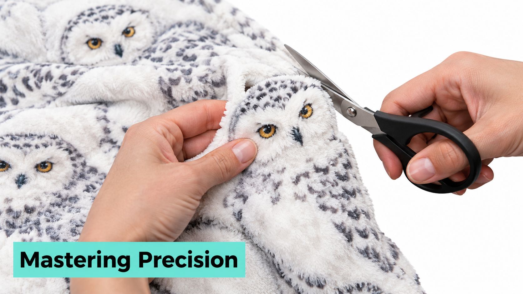 A person using scissors to carefully trim a plush fabric featuring a repeating snowy owl pattern.