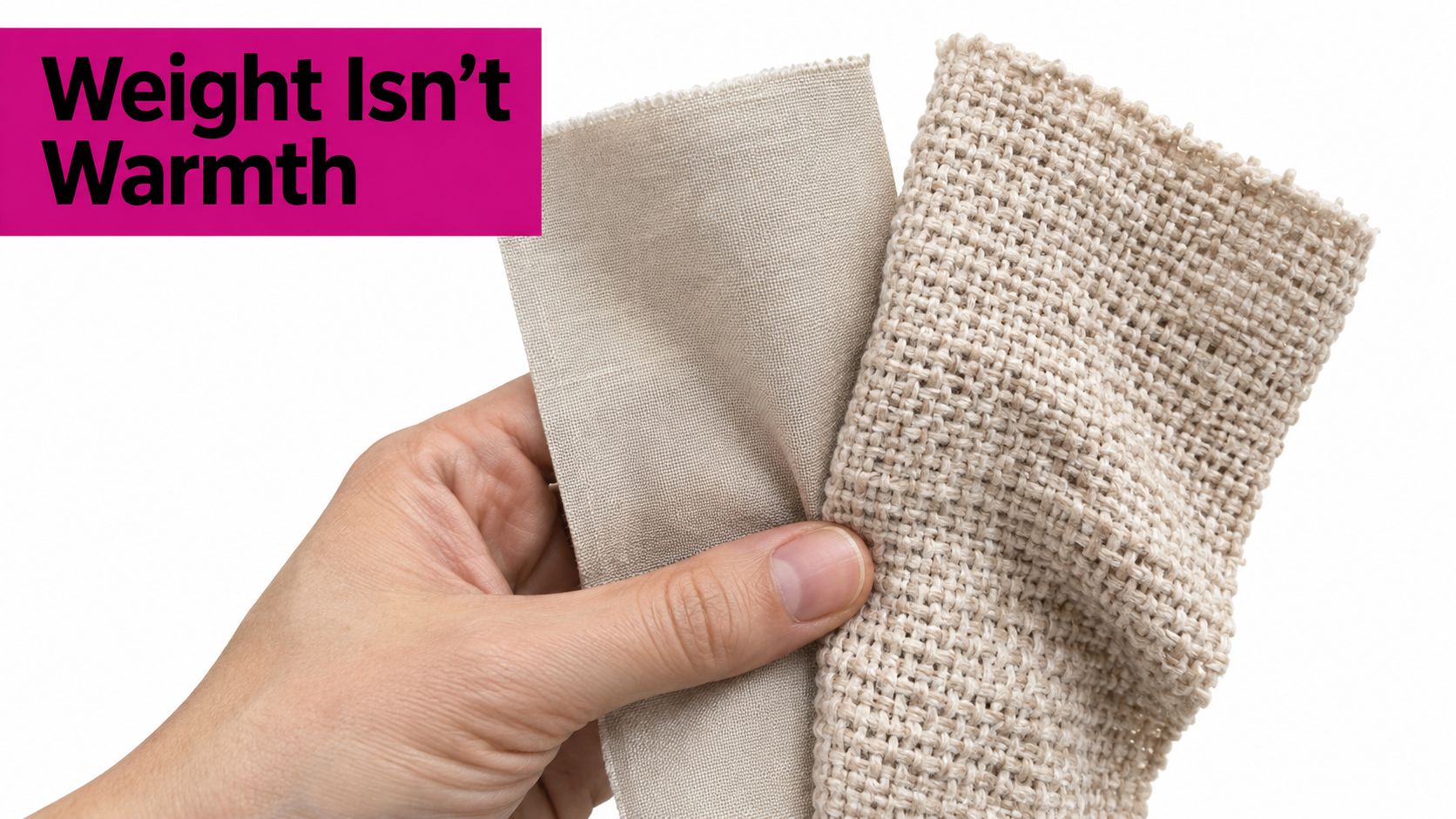 A hand holding two different pieces of beige fabric to compare textures and drapery lining material options.