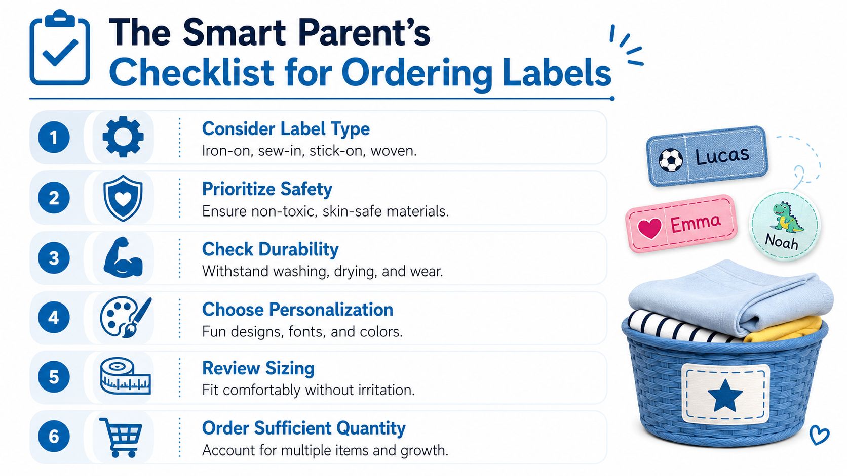 A checklist for parents detailing six important steps to consider when ordering custom labels for kids' clothing.