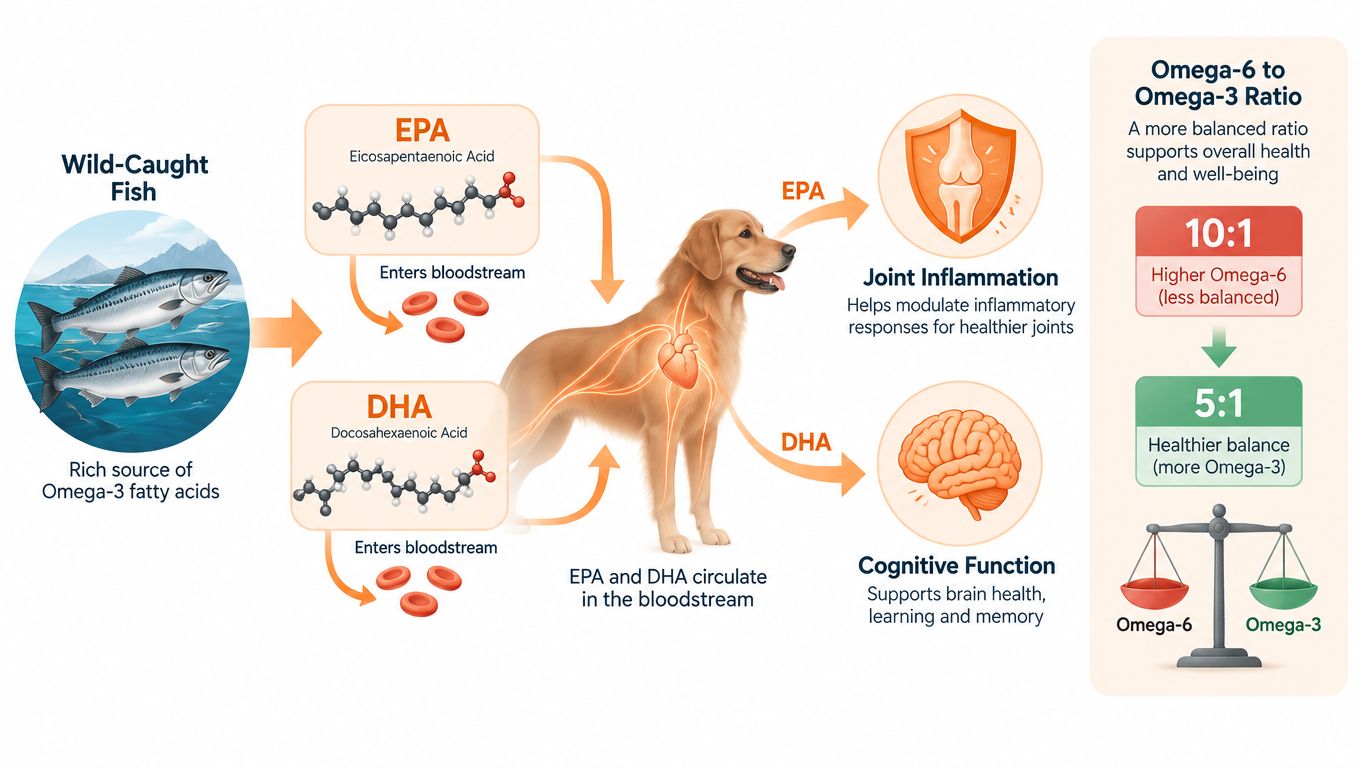 A diagram illustrating how wild-caught fish oil provides EPA and DHA benefits for dog health and cognitive function.