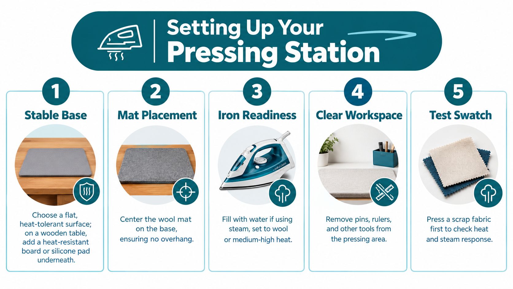 A five-step guide for setting up a safe and effective pressing station for wool pressing mats.