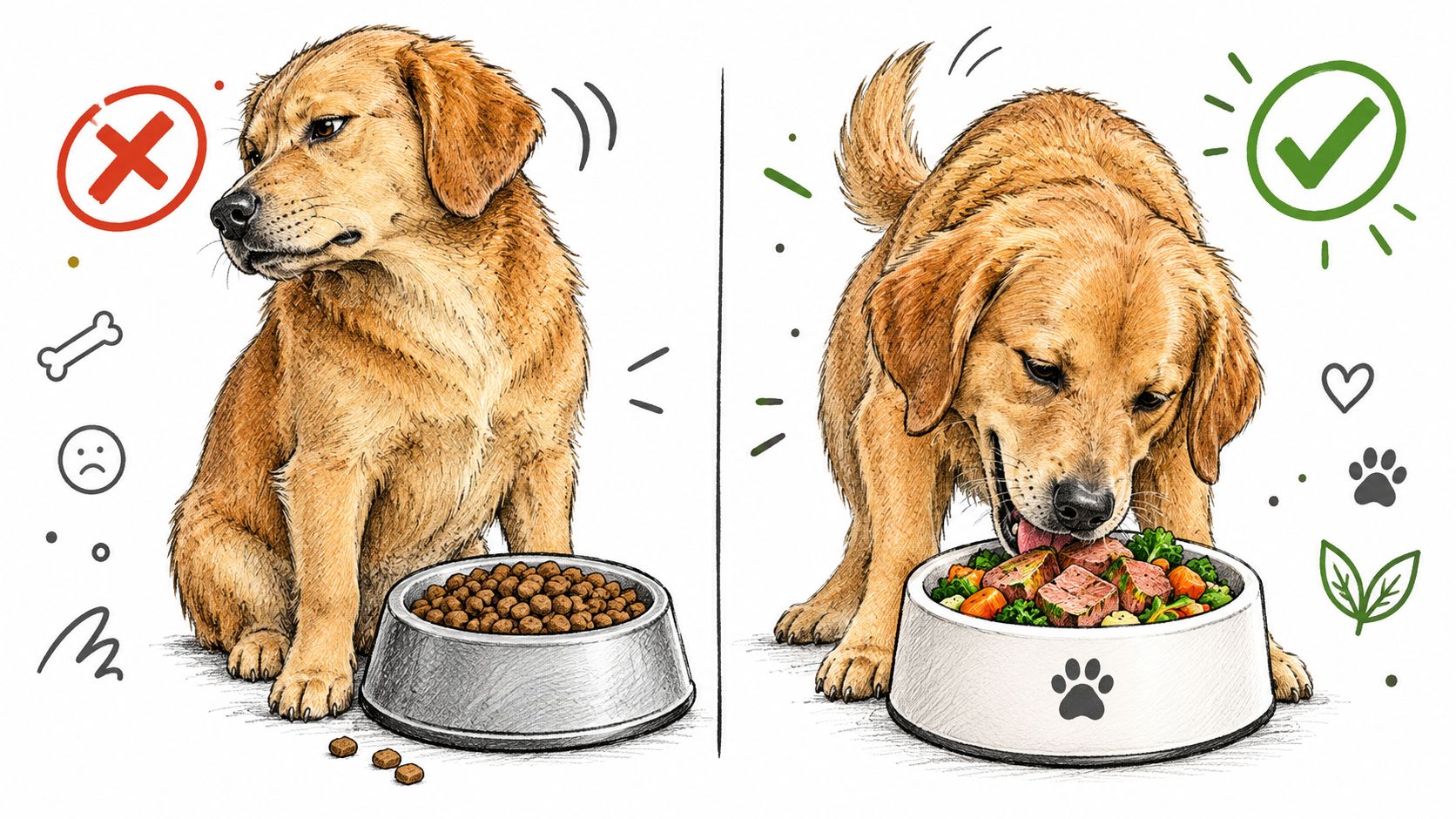 A split illustration comparing a dog turning away from dry kibble and enjoying a bowl of fresh food.