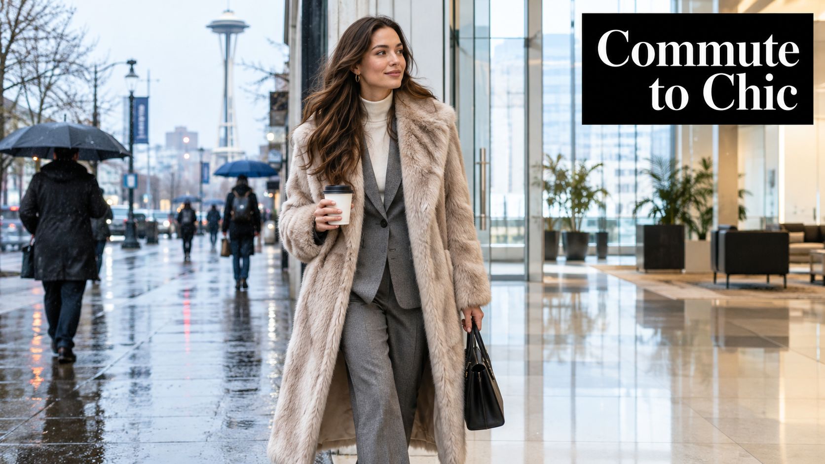 A woman in a stylish grey suit and long faux fur coat walking through a city center.