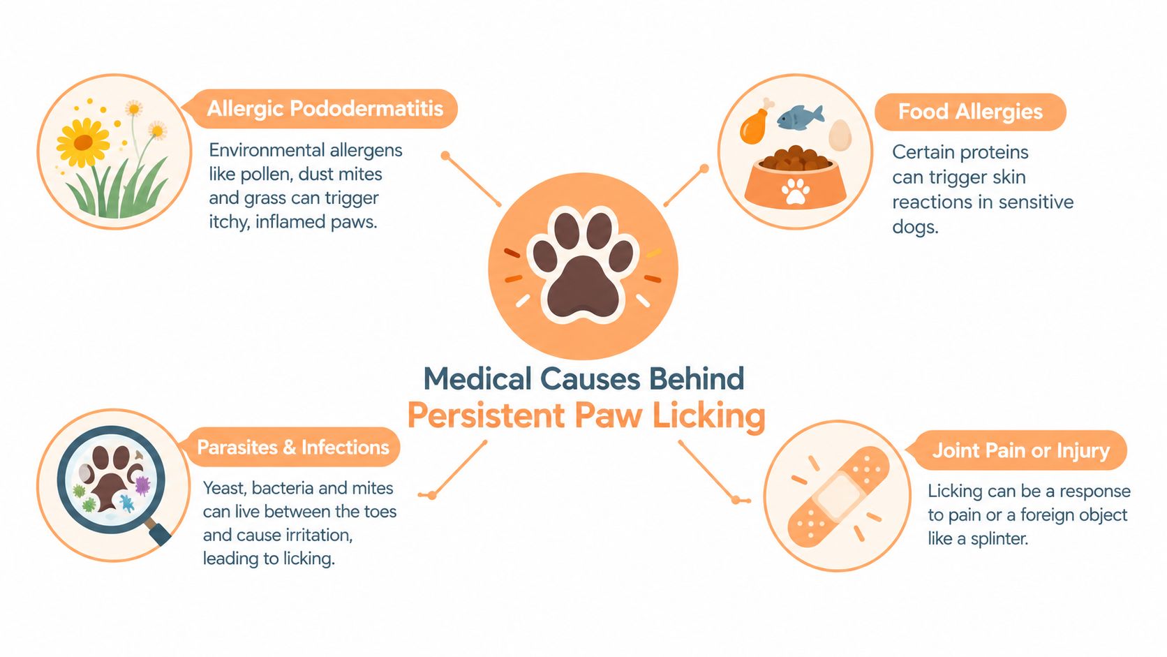 An infographic illustrating four medical reasons for persistent paw licking in dogs, including allergies and infections.
