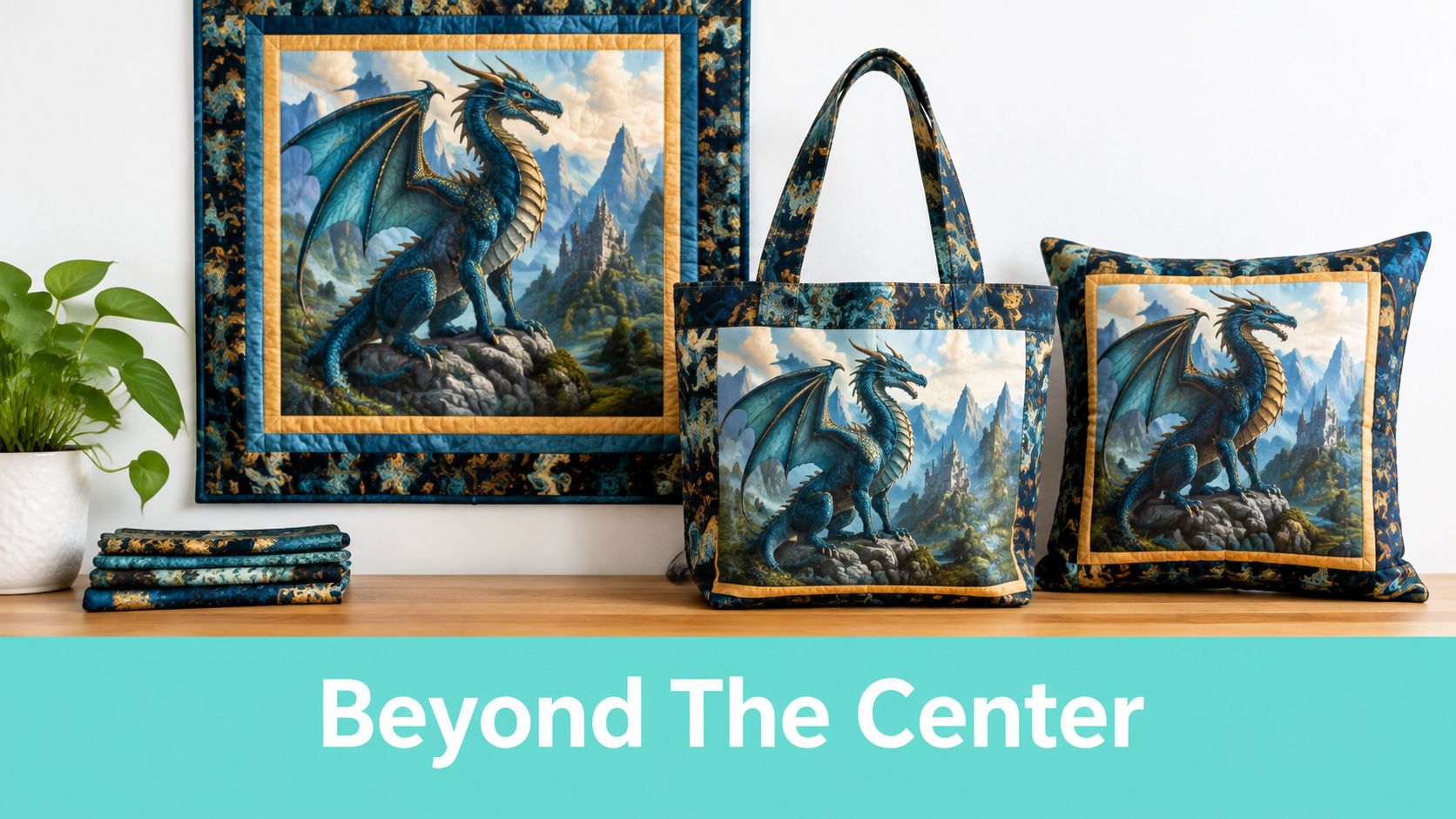 A display of fabric products featuring a blue dragon design, including a wall quilt, tote bag, and cushion.