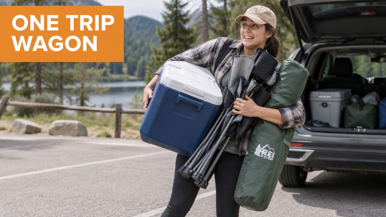 A woman happily carrying a large cooler, camping chairs, and a tent bag near her vehicle.