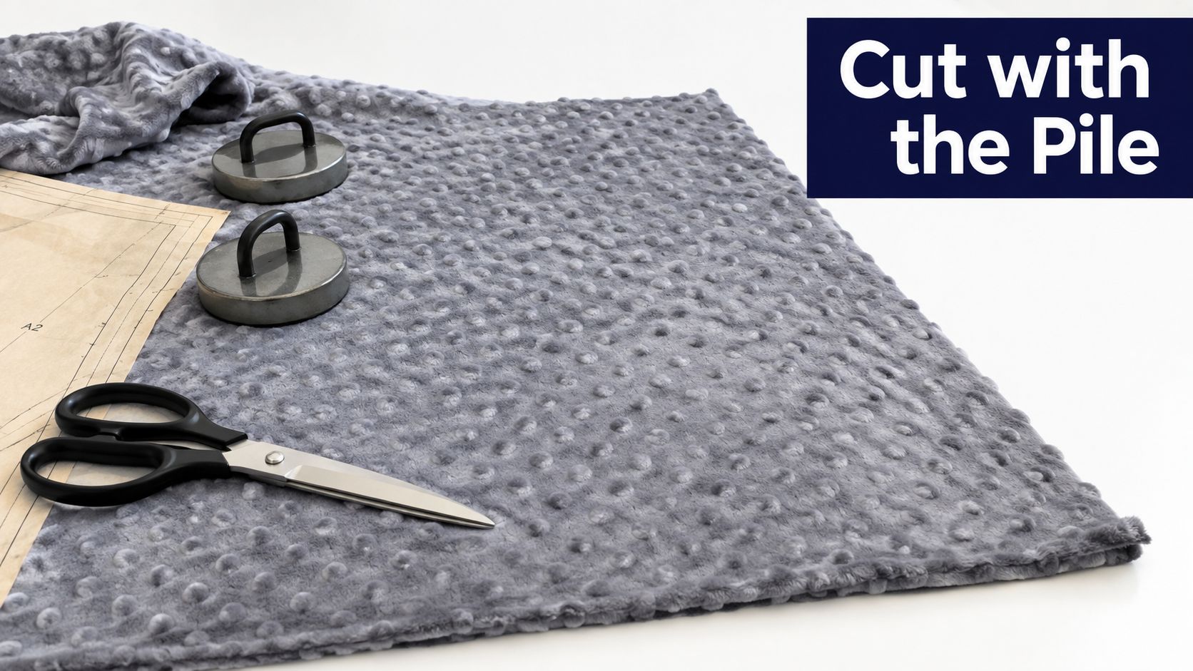 A gray minky fabric piece laid out with a paper sewing pattern, weights, and fabric scissors.