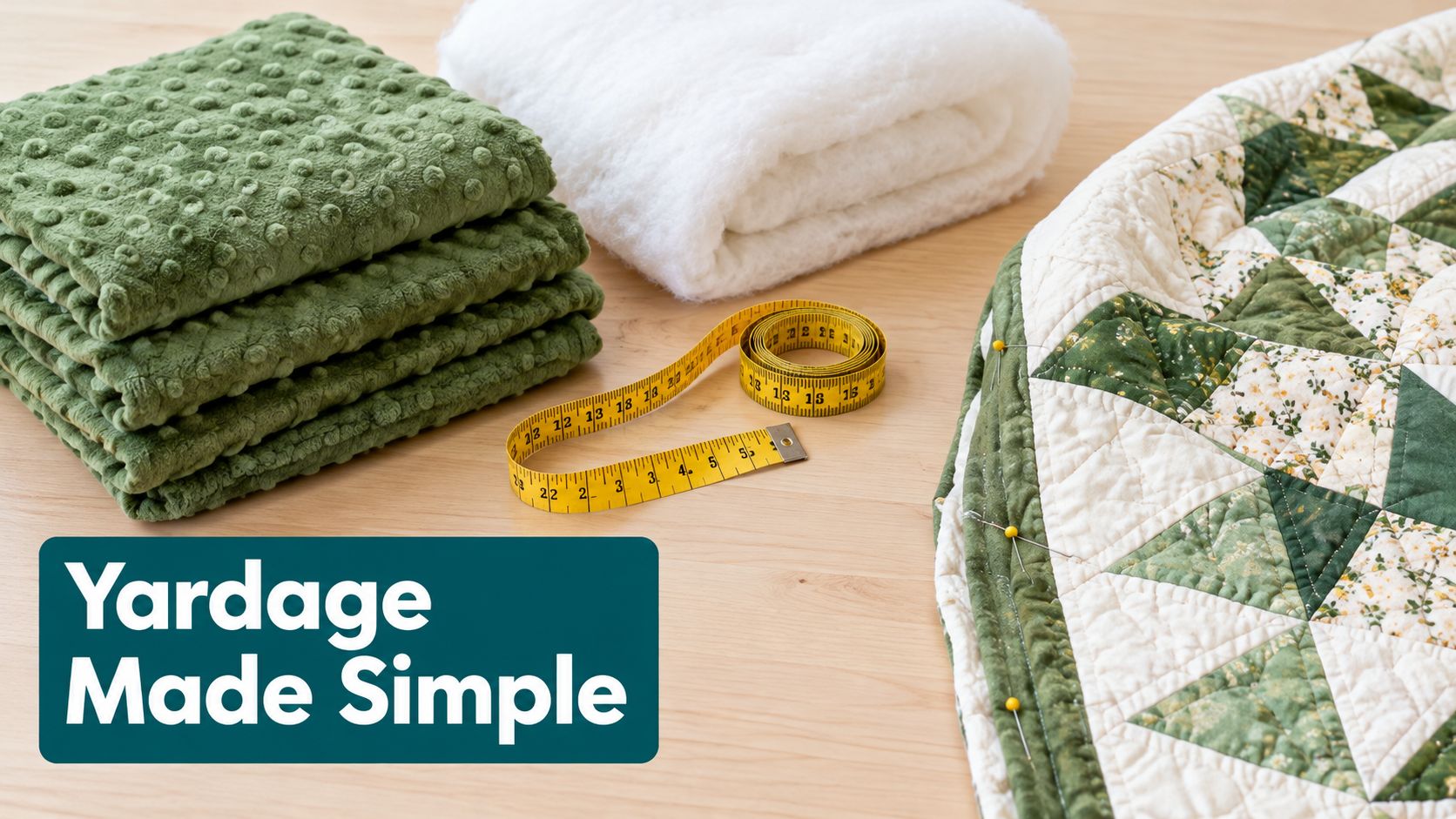 A stack of green minky fabric next to white quilt batting, a measuring tape, and a quilt.
