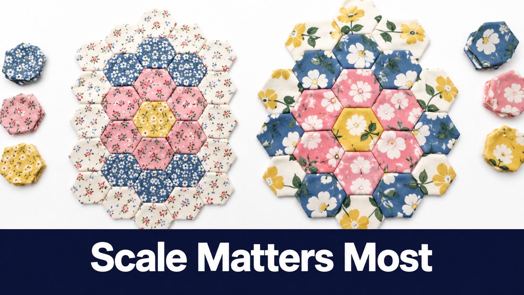 Two hexagonal quilt blocks made of different floral fabrics next to stacks of matching fabric hexagons.