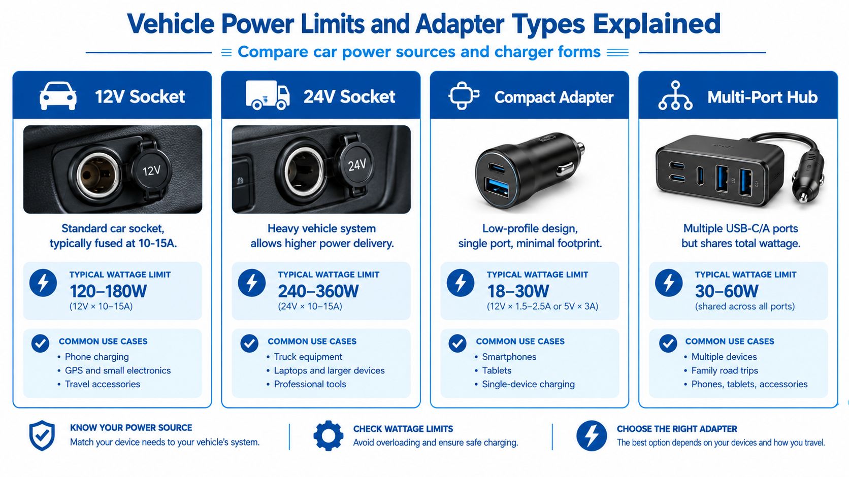 An infographic showing vehicle power sockets and car charger adapter types with their respective wattage limits.