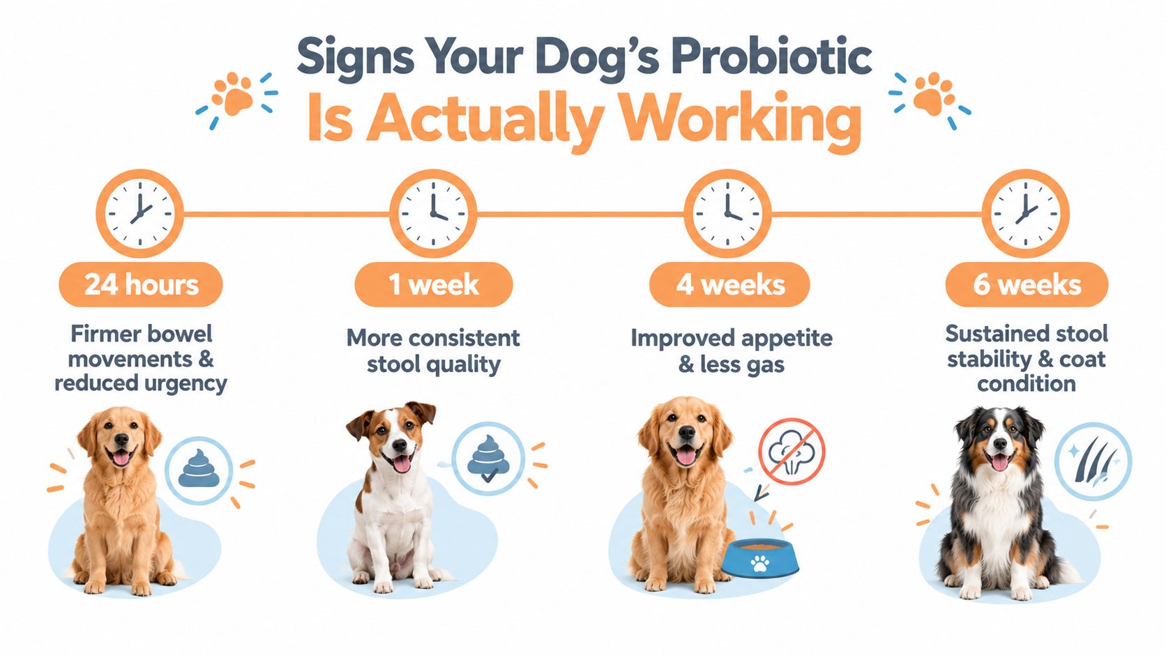 An infographic showing the timeline of how dog probiotics improve canine digestive health over six weeks.