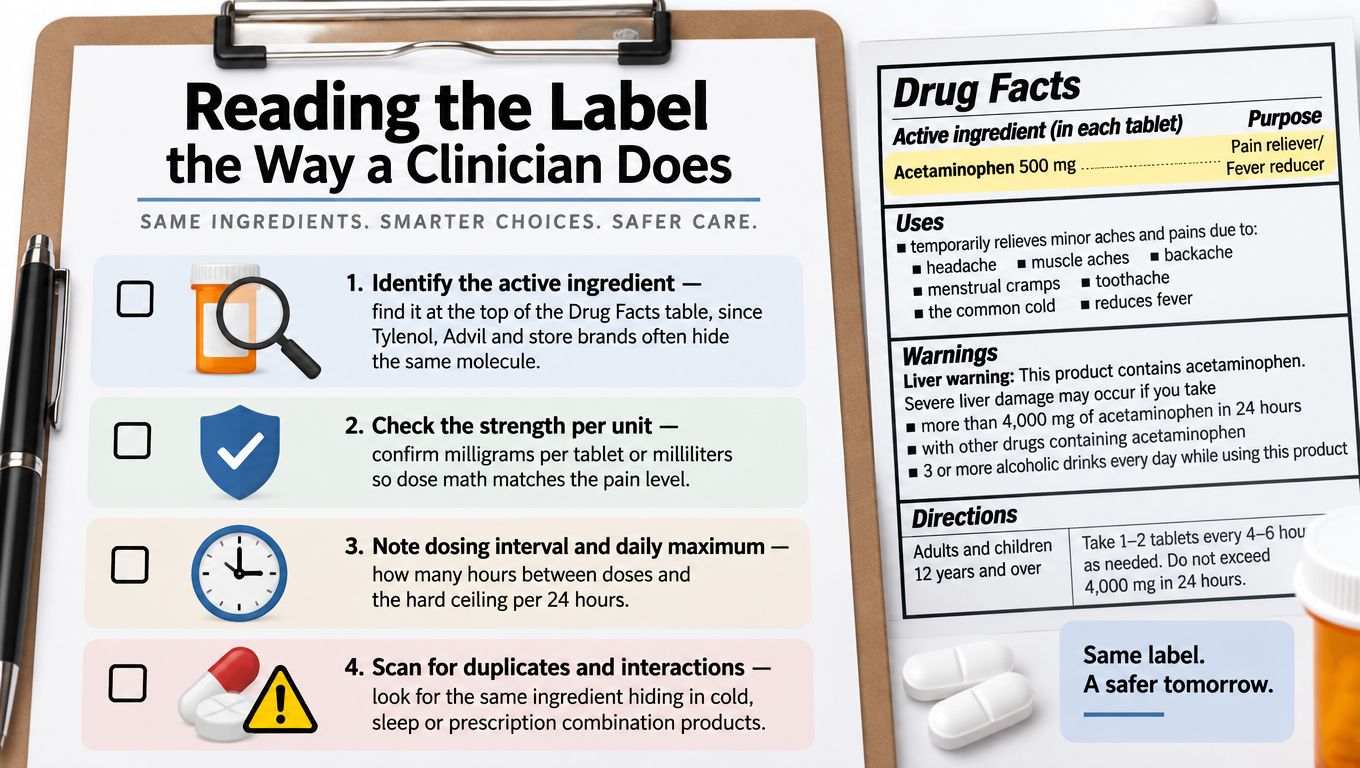 An educational infographic on a clipboard demonstrating how to read an over-the-counter medication drug facts label safely.