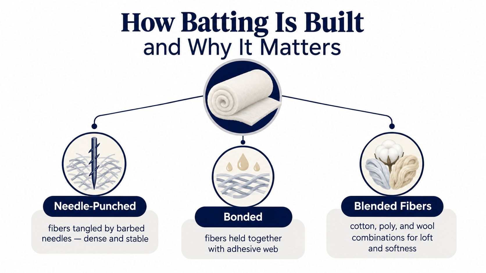 A diagram explaining three different methods for building batting including needle-punched, bonded, and blended fibers for quilting.