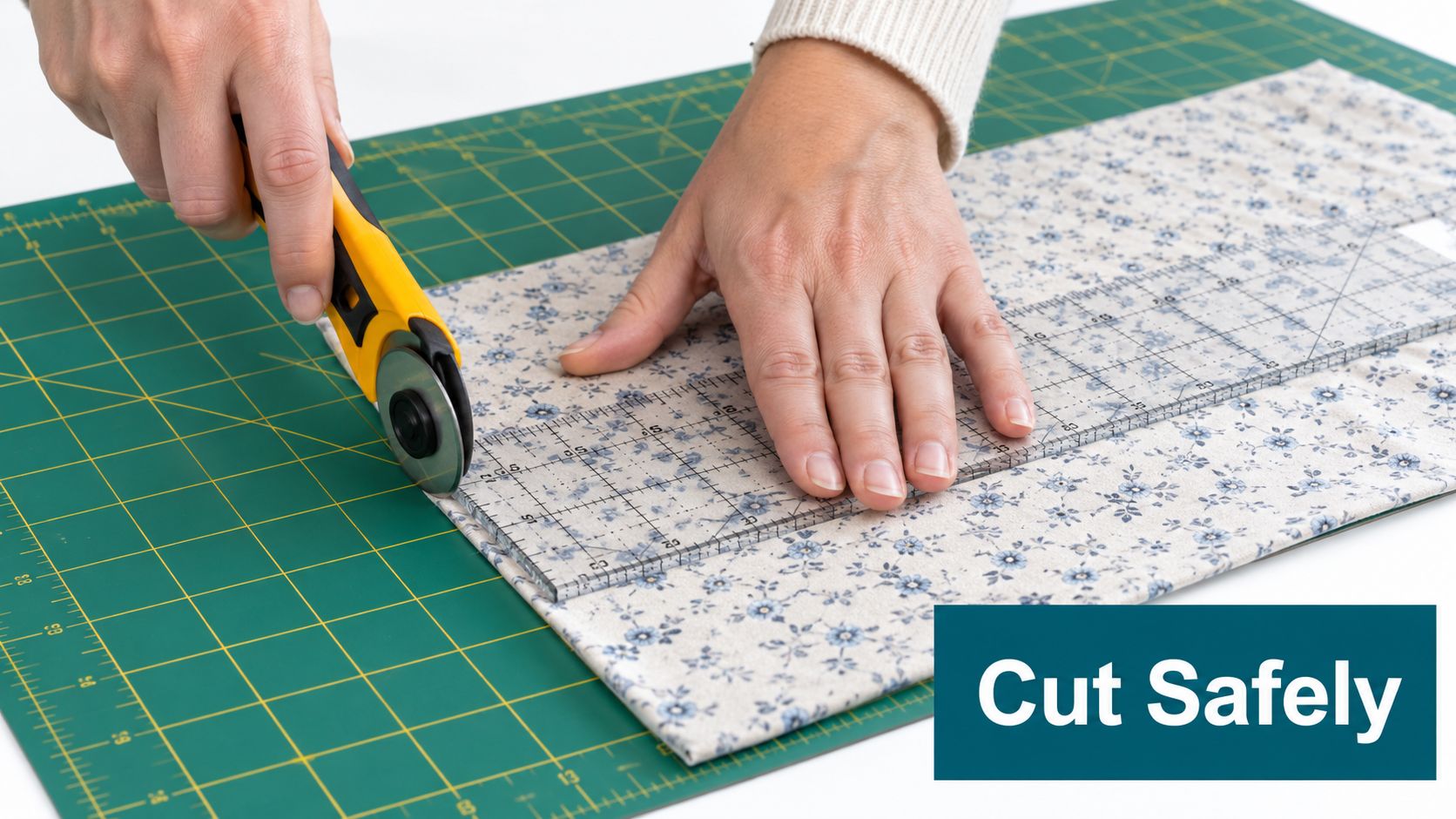 A person uses a rotary cutter and clear acrylic ruler on a fabric-covered green cutting mat.