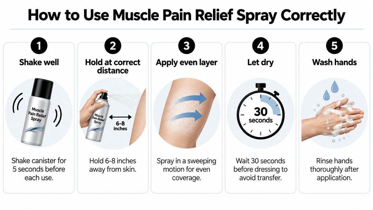 An instructional infographic detailing the five steps to properly apply muscle pain relief spray on skin.