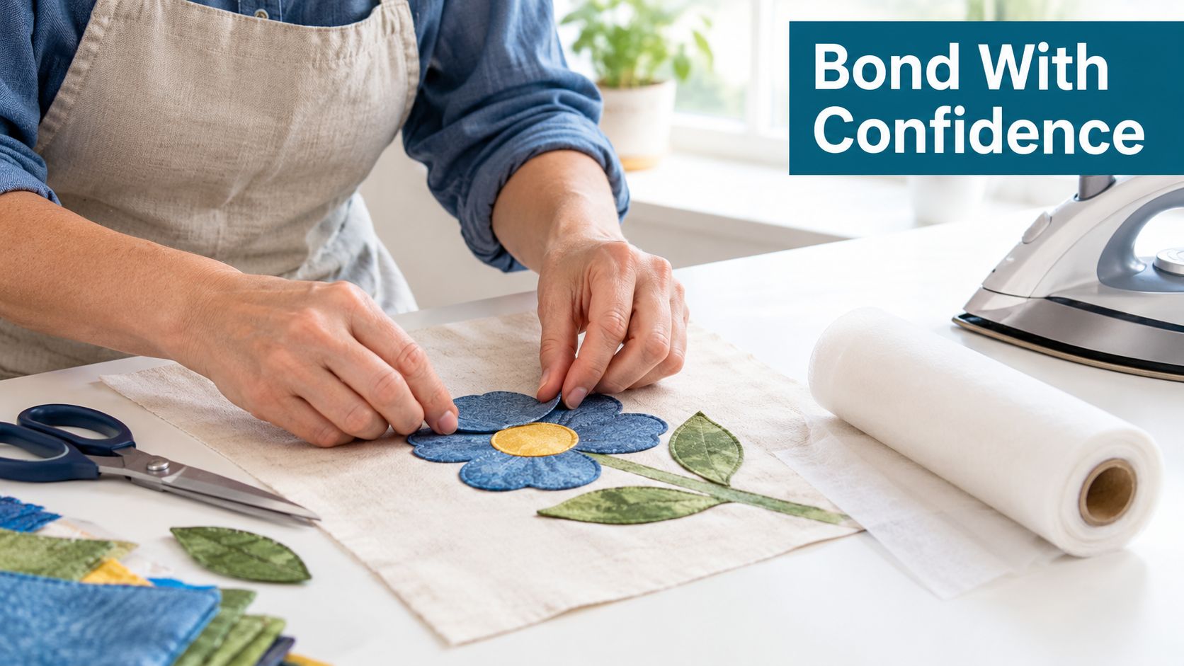 A person using fusible webbing to attach a fabric flower applique to a piece of cloth.
