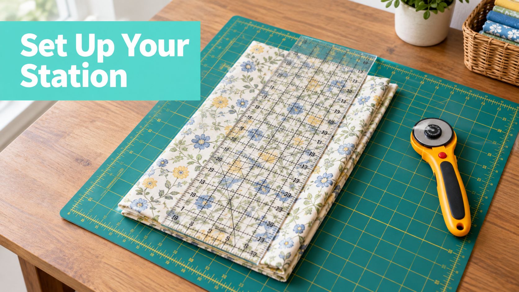 A fabric floral piece being measured with a clear ruler on a green cutting mat for sewing projects.