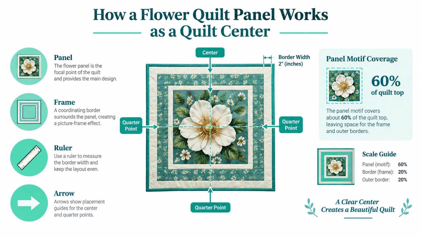 An infographic illustrating how a central flower quilt panel is framed and centered within a quilt design.