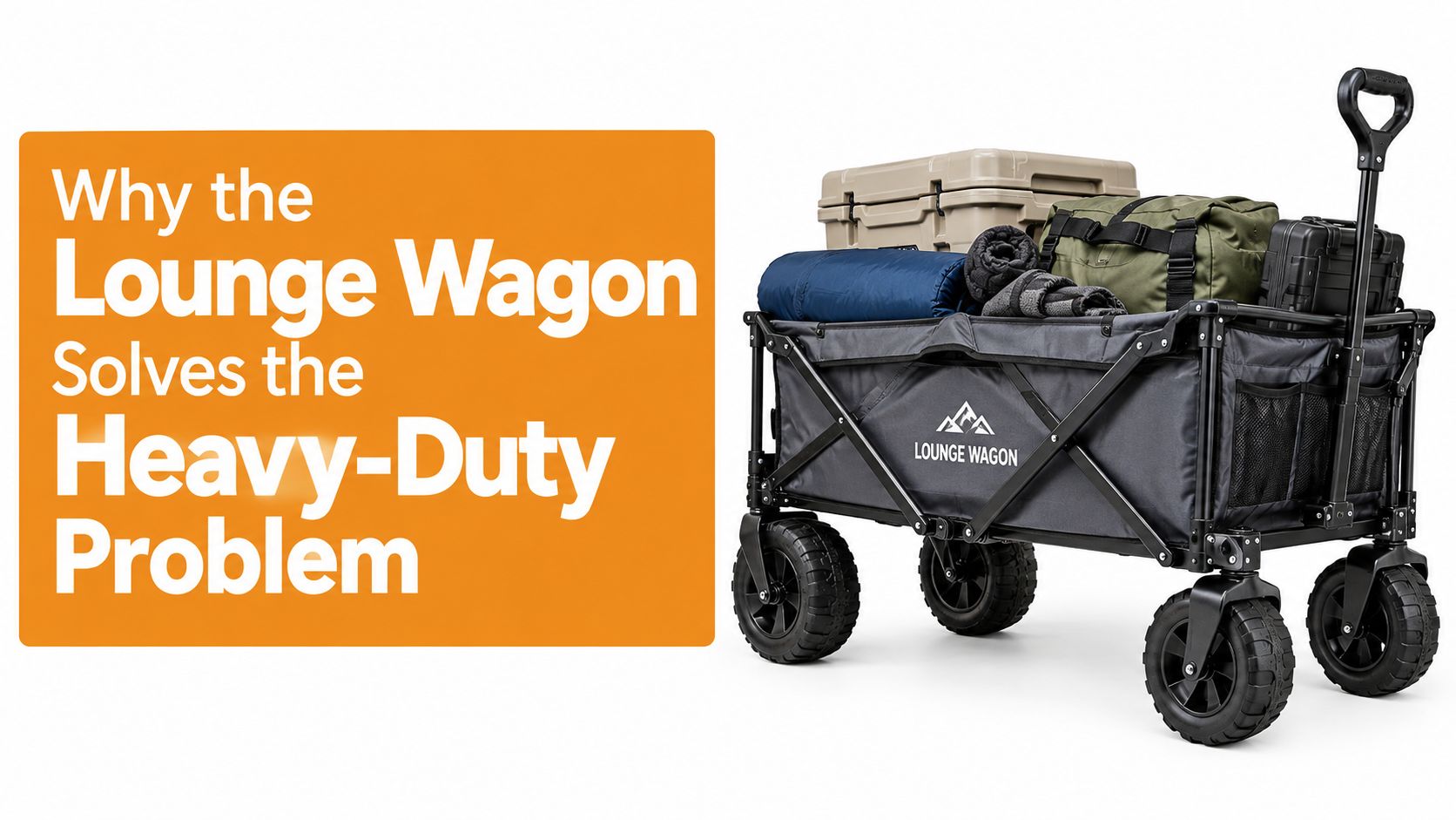 A charcoal gray Lounge Wagon loaded with gear, including a cooler, bag, and blanket, on a white background.