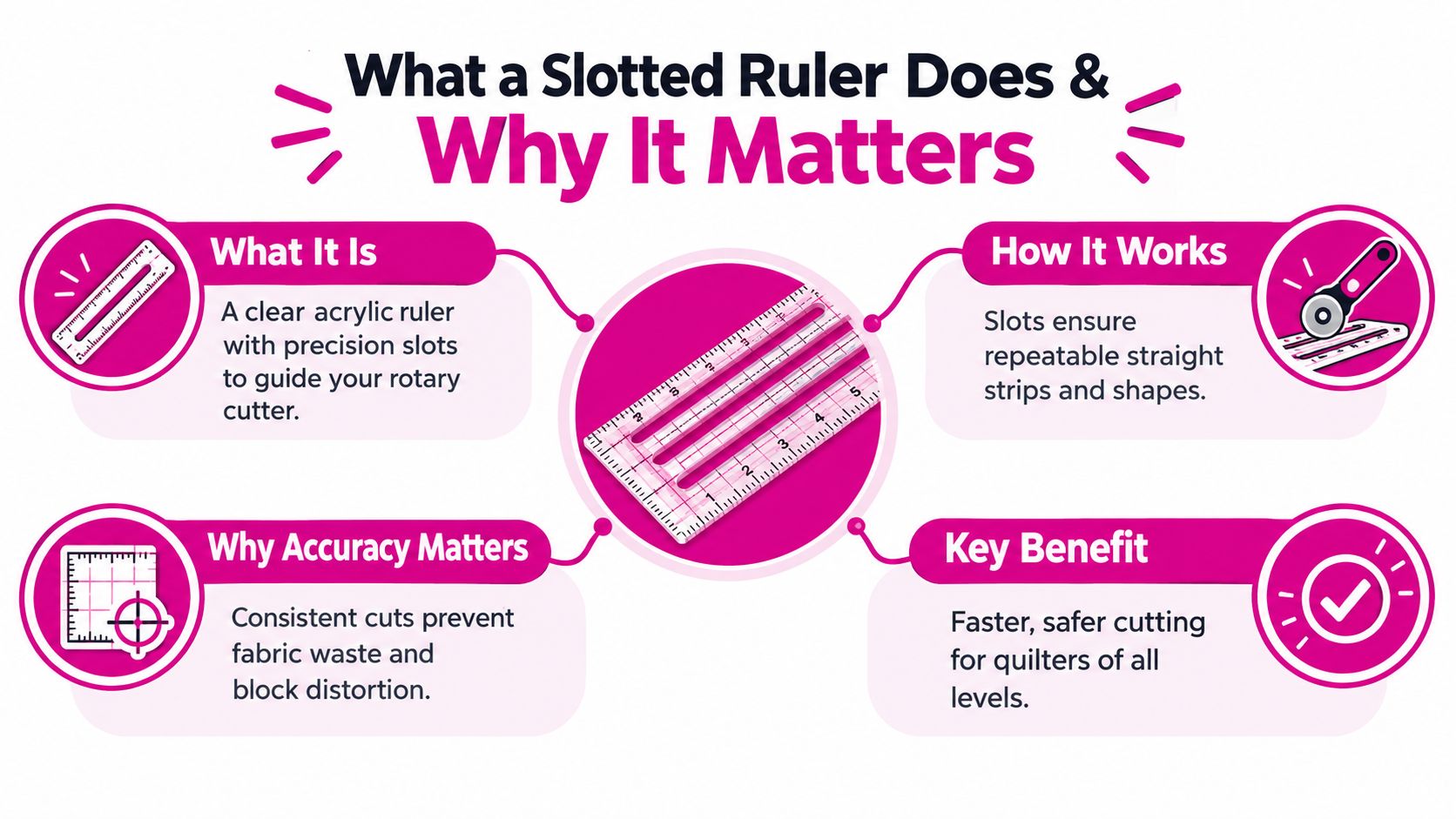 An infographic explaining how a clear acrylic slotted quilting ruler helps achieve accurate, safe fabric cuts.
