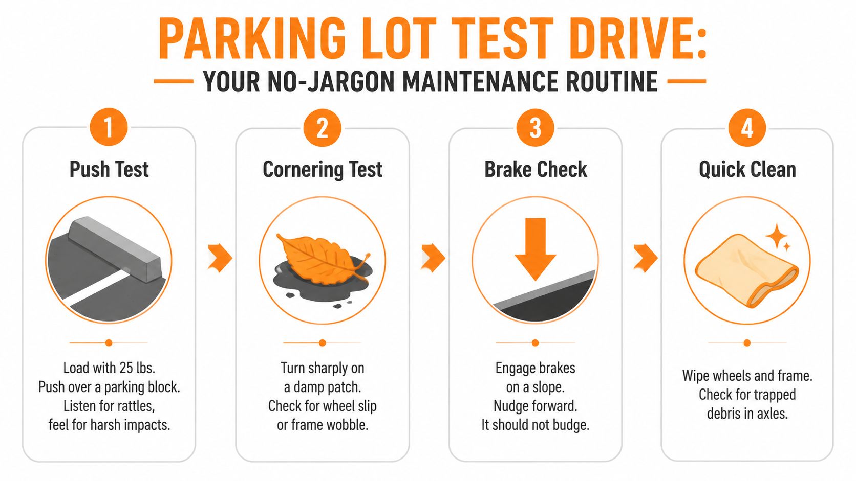 A step-by-step infographic titled Parking Lot Test Drive explaining maintenance checks for an all-terrain stroller.