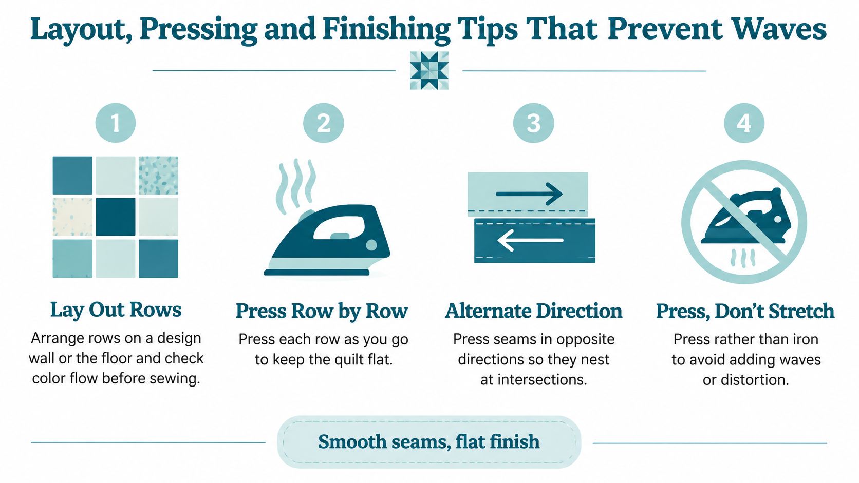 An infographic showing four steps for ironing quilt blocks to ensure a flat and smooth finish.