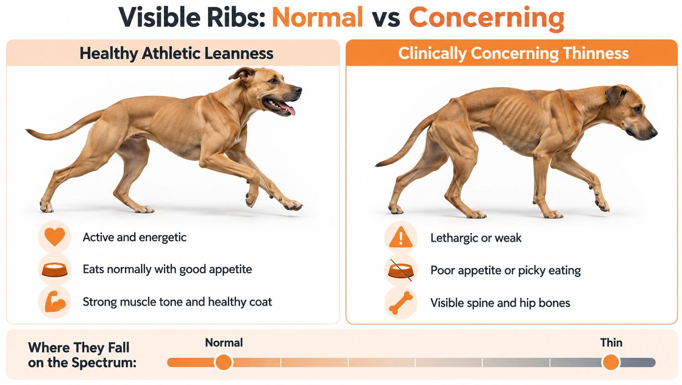 A comparison chart showing the difference between a healthy, athletic lean dog and a malnourished thin dog.
