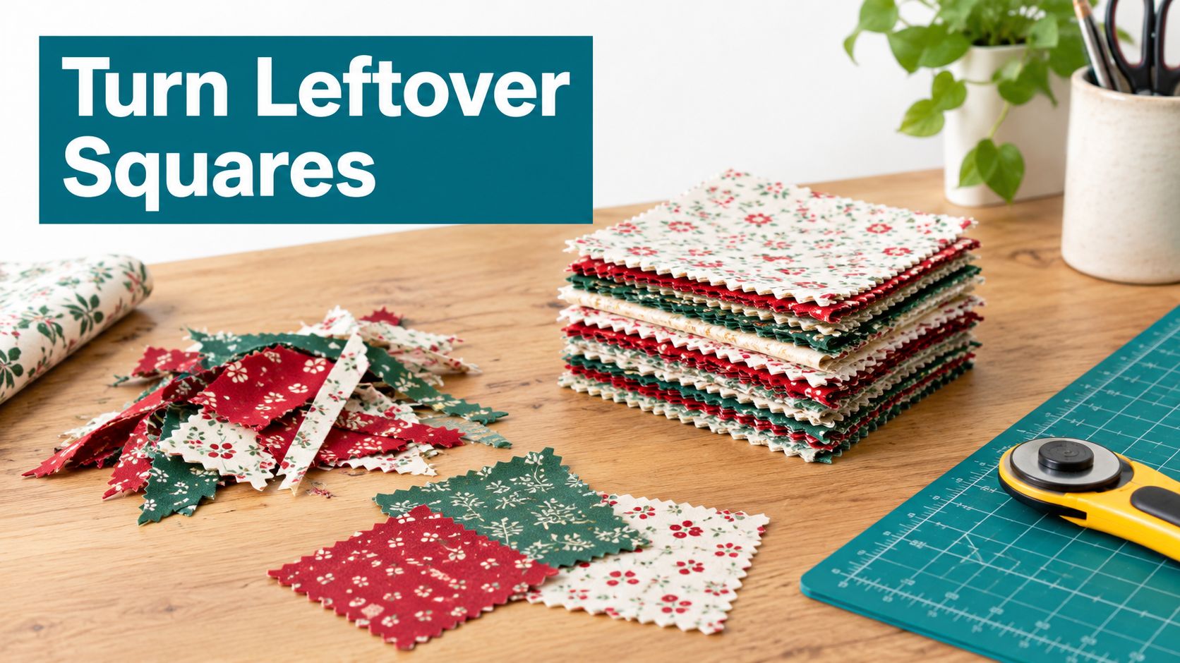 A stack of fabric squares and loose fabric scraps on a wooden table, used for quilting projects.