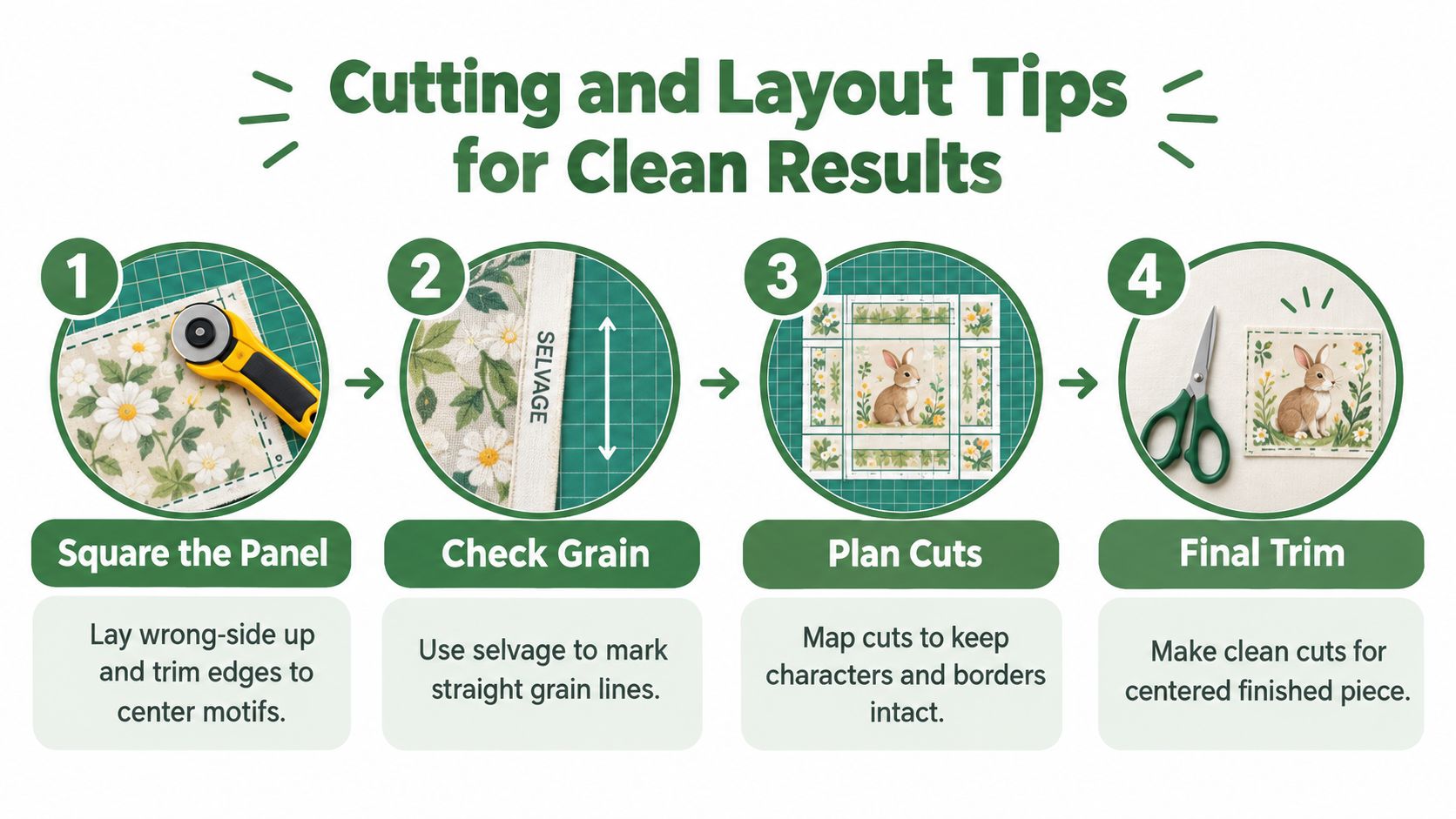 A four-step infographic illustrating fabric cutting techniques for sewing and quilting projects with clean results.