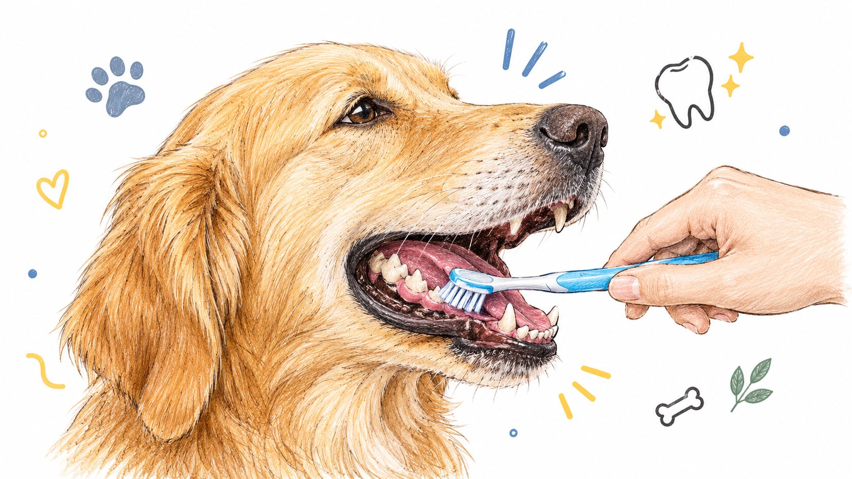 A close-up illustration of a golden retriever having its teeth brushed by a person's hand.